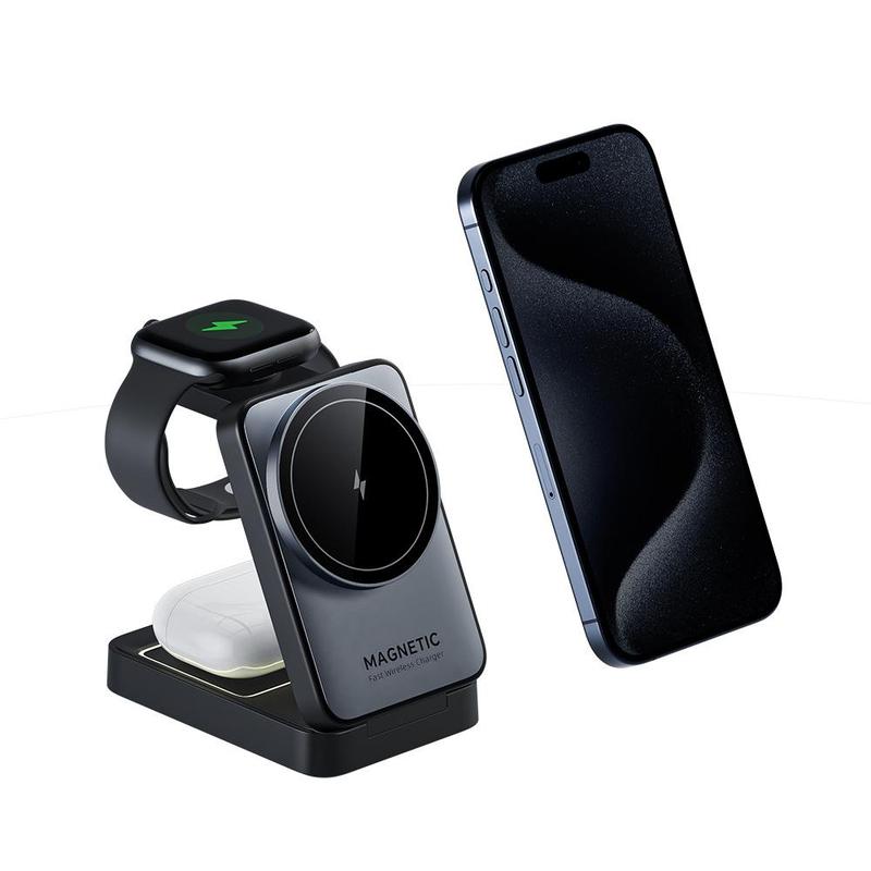 3 in 1 Magnetic Wireless Charging Station, Foldable Wireless Foldable Efficient Charging Charger Station Stand, Travel Wireless Portable Charger for iPhone 15 AirPods Apple Watch