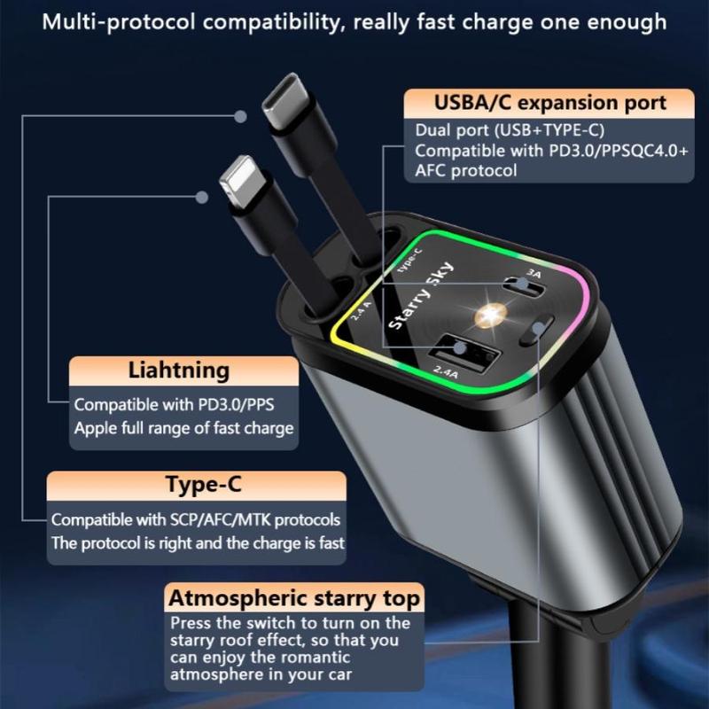 66W 4 in 1 Charger for Phone, Retractable Charging Cable, Multifunctional Car Charger with LED Light, Charger Compatible with USB PD QC