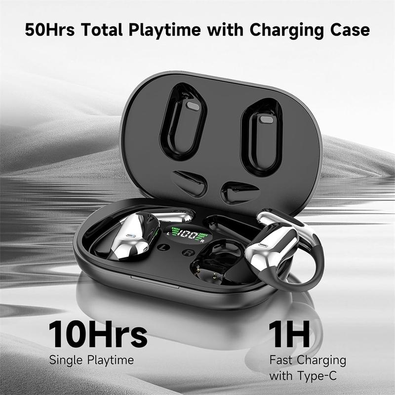 Open Ear Bluetooth 5.4 Headphones,  Playtime Ear Buds LED Display Charging Case, Waterproof Black e sr Audio Electronic Headset travel sport Earbud playtime ear