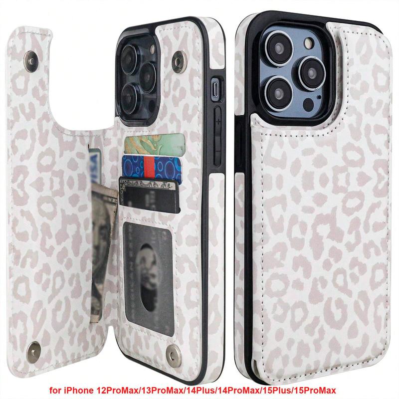 Phone Case Wallet with Card Holder and Kickstand for iPhone 12 13 14 15 15 Pro Max - White Leopard Back Flip Folio PU Leather Cover with Double Magnetic Clasp - Smartphone, Accessories