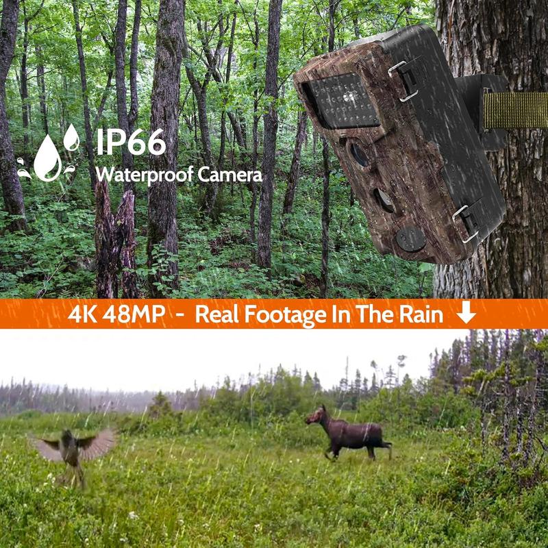 4K 48MP Trail Camera for Hunting, Game Cameras with Night Vision 80ft, 0.1s Motion Activated Wildlife Camera Waterproof IP66, No Glow Deer Camera with Screen SD Card Tree Strap for Outdoor Animal Audio