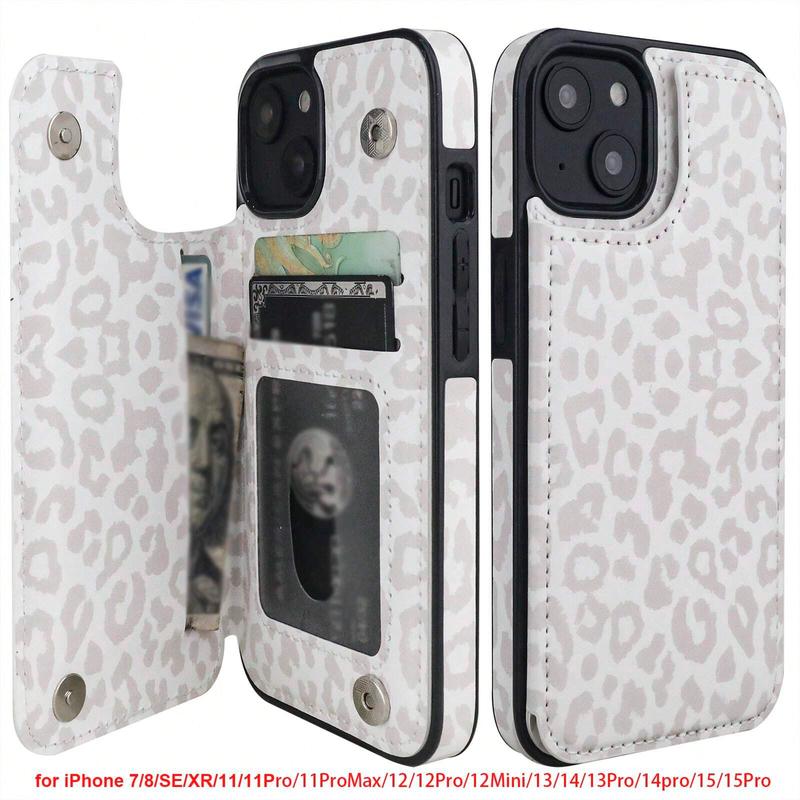 Phone Case Wallet with Card Holder and Kickstand for iPhone 12 13 14 15 15 Pro Max - White Leopard Back Flip Folio PU Leather Cover with Double Magnetic Clasp - Smartphone, Accessories