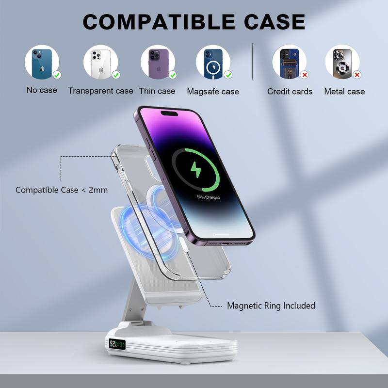 3 in 1 Wireless Charging Station Phone Charger, 10000mAh Magnetic Power Bank with Adjustable Angle Phone Stand, Fast Charger, Portable Wireless Charger with Digital Power Display for iPhone 16   15   14   13   12 Series & AirPods & Apple Watch