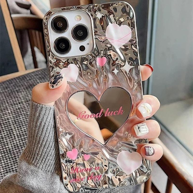 Heart Mirror Design Phone Case With Lanyard, Fashionable Ruffled Heart Mobile Phone Case, Decorative Phone Protective Cover Compatible With 8 XR 11 12 13 14 15 Plus 15 Pro Max, Smartphone Case