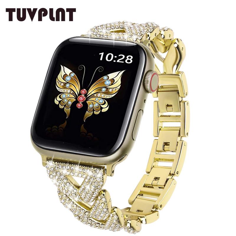 TUVPLNT Rhinestone Decor Watch Band (Band Only), Bling Watch Band for Apple Watch Series 9 8 7 6 5 4 3 2 1 SE, Fashion Wearable Accessories for Apple Watch Bands 38mm to 45mm, Birthday Gifts