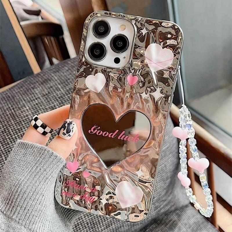 Heart Mirror Design Phone Case With Lanyard, Fashionable Ruffled Heart Mobile Phone Case, Decorative Phone Protective Cover Compatible With 8 XR 11 12 13 14 15 Plus 15 Pro Max, Smartphone Case