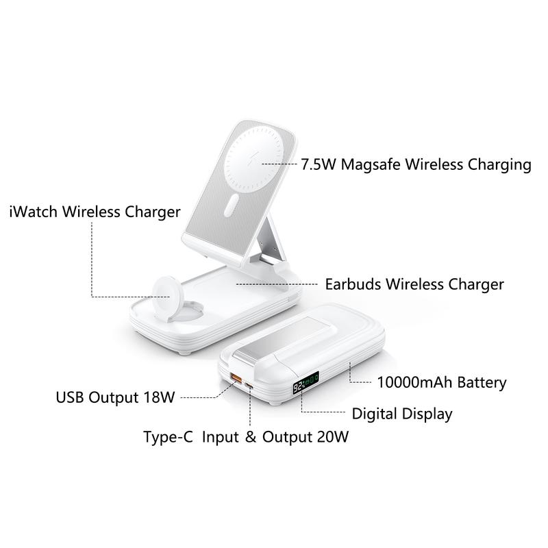 3 in 1 Wireless Charging Station Phone Charger, 10000mAh Magnetic Power Bank with Adjustable Angle Phone Stand, Fast Charger, Portable Wireless Charger with Digital Power Display for iPhone 16   15   14   13   12 Series & AirPods & Apple Watch