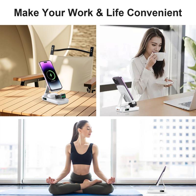 3 in 1 Wireless Charging Station Phone Charger, 10000mAh Magnetic Power Bank with Adjustable Angle Phone Stand, Fast Charger, Portable Wireless Charger with Digital Power Display for iPhone 16   15   14   13   12 Series & AirPods & Apple Watch