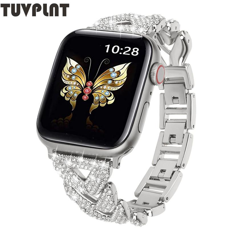 TUVPLNT Rhinestone Decor Watch Band (Band Only), Bling Watch Band for Apple Watch Series 9 8 7 6 5 4 3 2 1 SE, Fashion Wearable Accessories for Apple Watch Bands 38mm to 45mm, Birthday Gifts