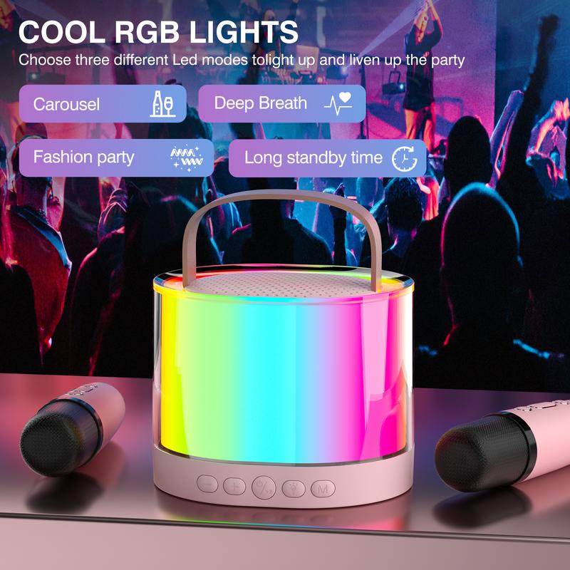 Mini Bluetooth portable karaoke machine. Wireless dual microphone. A nice little gift for your friend or friends. Connecting your smartphone is easy Audio