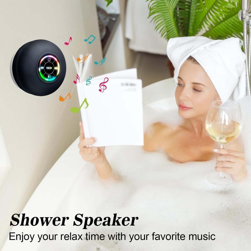 Bluetooth Shower Speakers, Mini Portable Wireless Speaker with Suction Cup, Waterproof Speaker with LED Light for Beach,2024 Christmas, Shower & Home