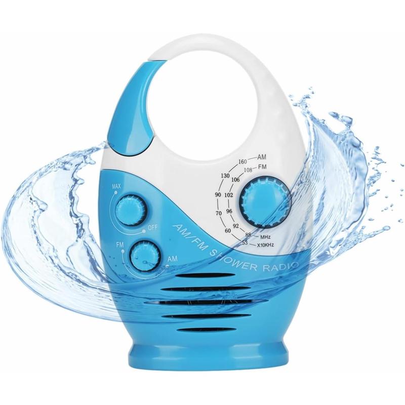 Waterproof Shower Radio, AM FM Radio with Adjustable Volume Speakers, Battery Portable Speakers with Hook Handle for Shower Rooms Bedside Tables Garages