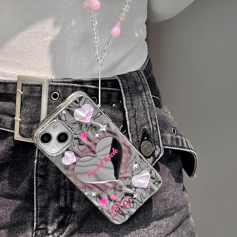 Heart Mirror Design Phone Case With Lanyard, Fashionable Ruffled Heart Mobile Phone Case, Decorative Phone Protective Cover Compatible With 8 XR 11 12 13 14 15 Plus 15 Pro Max, Smartphone Case