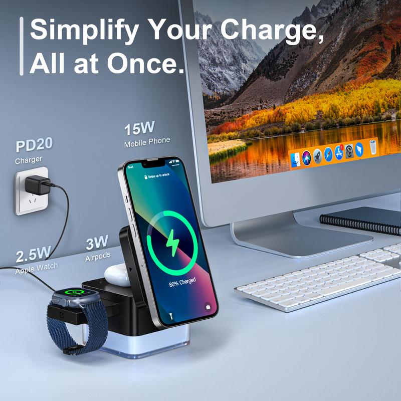 3-in-1 Charging Station Compatible with Magsafe Wireless Charger for iPhone 12 13 14 15 16 Series for AirPods iWatch Series, Christmas present Foldable Wireless