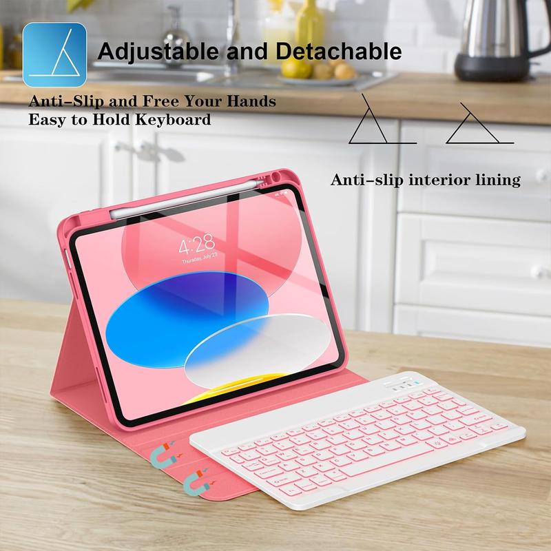 Keyboard Case for iPad 10th Generation 10.9 Inch with Pencil Holder-[Multi Viewing Angles],7 Colors Backlit  Detachable Folio Keyboard Cover for iPad 10th Gen 2022-Watermelon