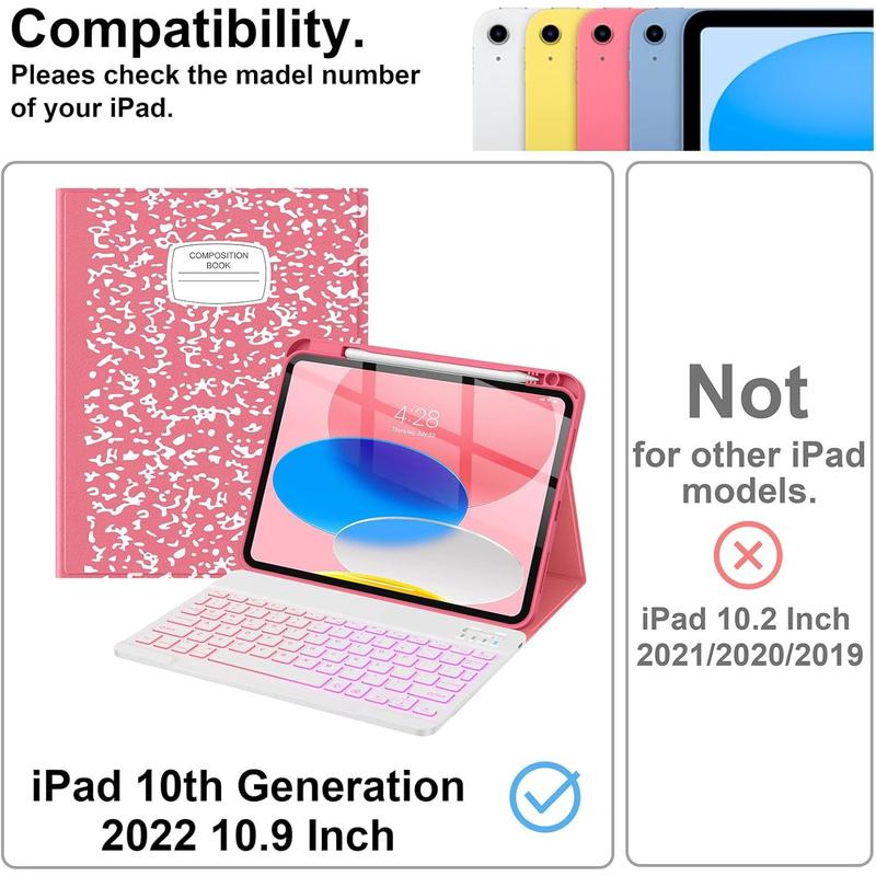 Keyboard Case for iPad 10th Generation 10.9 Inch with Pencil Holder-[Multi Viewing Angles],7 Colors Backlit  Detachable Folio Keyboard Cover for iPad 10th Gen 2022-Watermelon