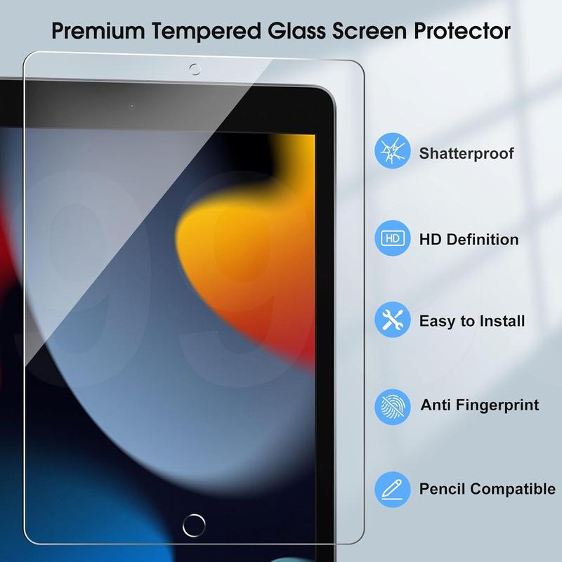 2 Pack Screen Protector for iPad 9th 8th 7th Generation (10.2 Inch, 2021 2020 2019), Anti-Scratch 9H Hardness Tempered Glass Film,  Pencil Compatible