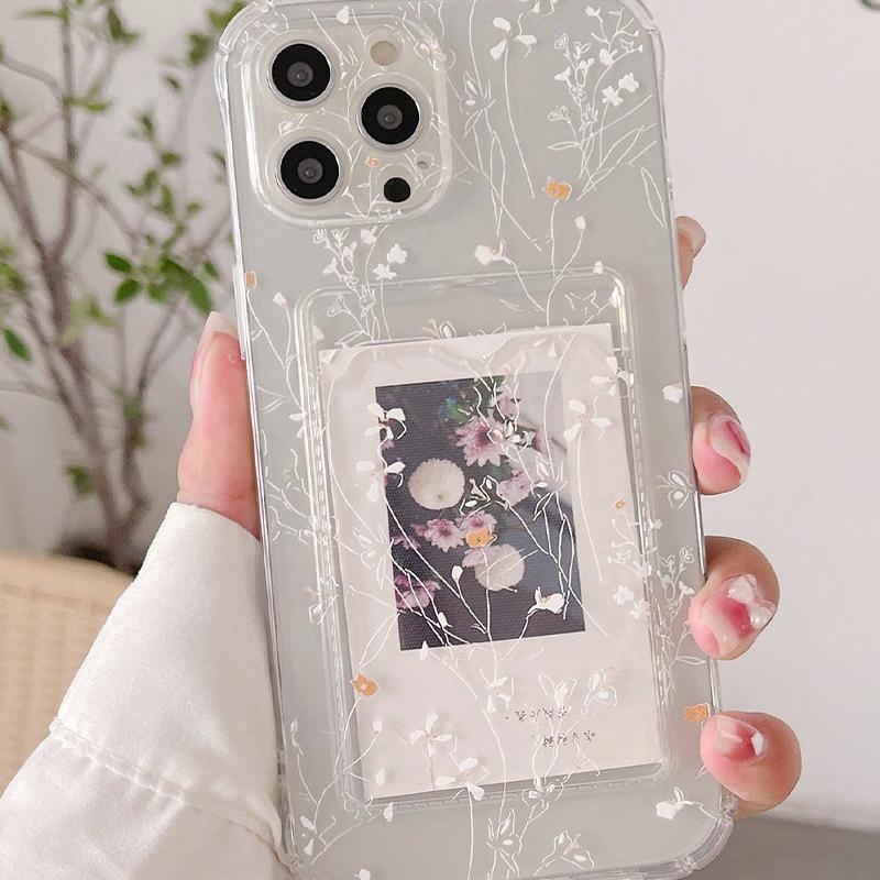 Floral Pattern Clear Phone Case with Card Slot, Anti-drop Phone Protective Cover, Phone Accessory Compatible with iPhone 11 12 13 14 iPhone 15 Pro Max Case