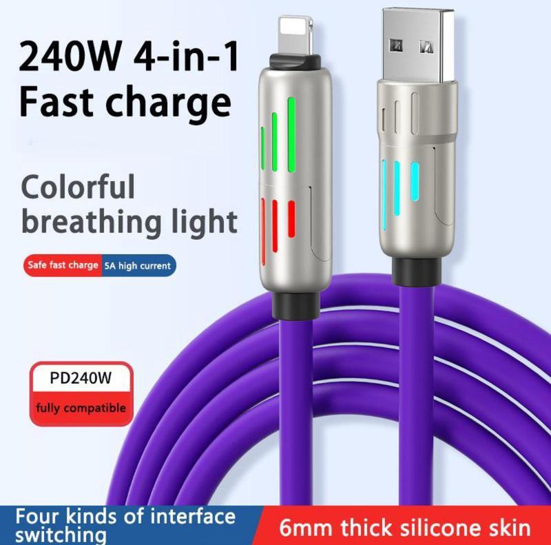 240W 4-in-1 USB-C Data Cable with Storage Bag,USB-A Type-C Multifunctional Zinc Alloy 240W Data Cable for iPhone 15 14 Mobile iPad Pro,Charging Cable for Phone