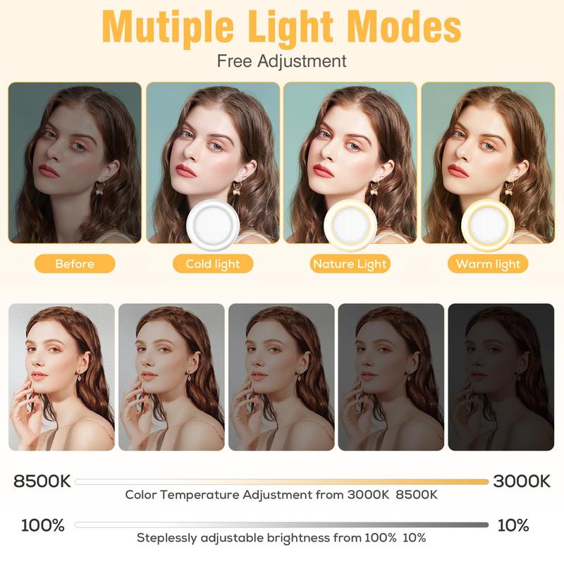 Ring Light, 3 Light Mode Selfie Light, Rechargeable Large Capacity Battery Portable 60 LED Adjustable Brightness Clip on Light for Phone, iPad, Laptop, for Makeup, TikTok, Photography, Vlog, YouTube