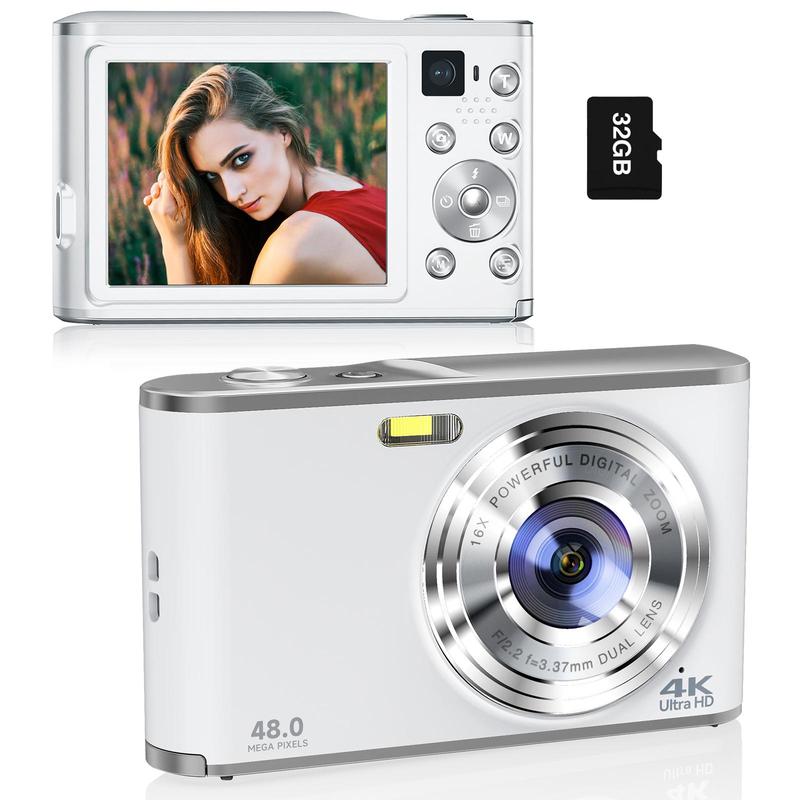 Auto Focus Digital Camera for Summer Gift, FHD 4K Vlogging Camera with Dual Camera 48MP 16X Digital Zoom & 32GB Memory Card, Small Camera for Summer Photography, Vintage Camera, Point Shoot Digital Cameras, Stocking Fillers, Portable Camera