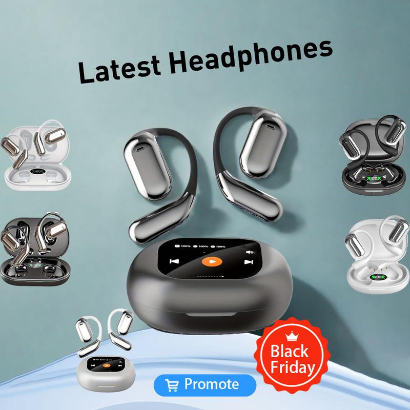 True Wireless Headphones Open Headphones, Bluetooth 5.4,Latest Style Headphones with Screen, 36 Hours Playback Time, Comes with Charging Compartment, Built-in Microphone, Long Range Connectivity, Black Friday