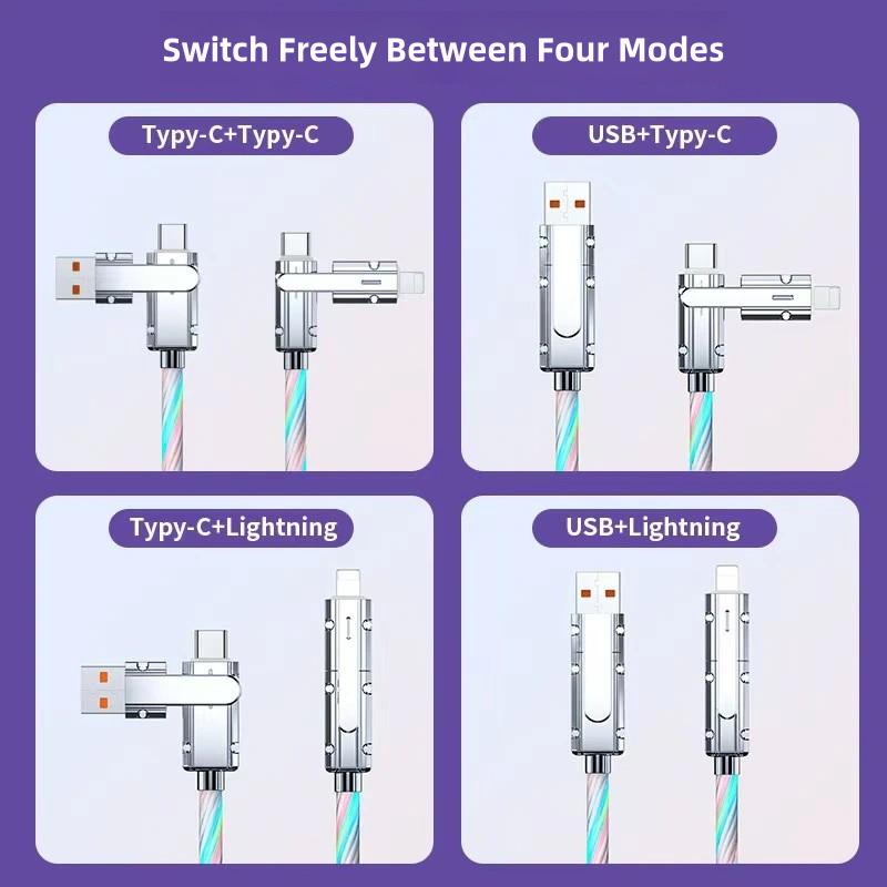 100W 4-in-1 Charging Cable. Streamer Charging Cable. Starlight-Mech Data Cable. USB+Type C+Lightning. Multi-functional Aluminum Alloy, Compatible