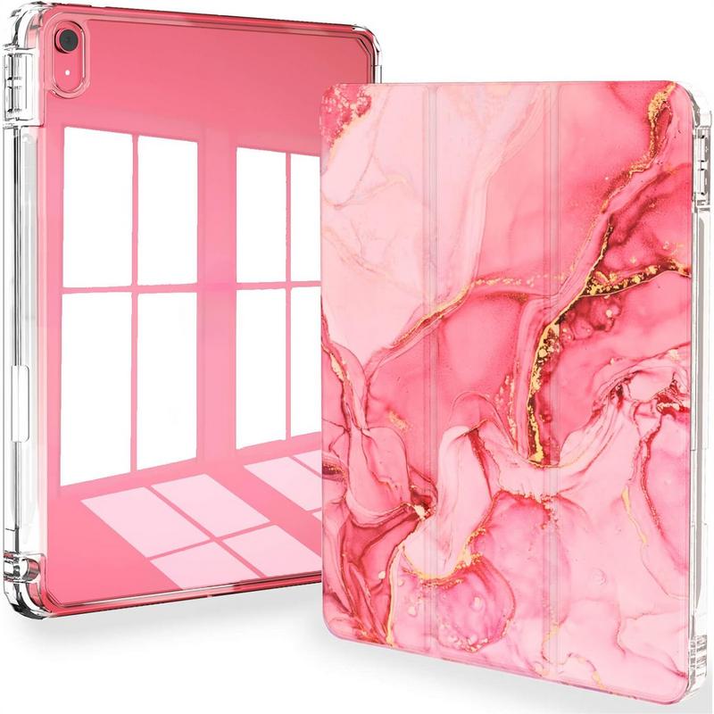 Slim Lightweight Trifold Case for 10.9-inch Pad 10th Generation 2022 - Clear Back Cover with Pencil Holder and Auto Sleep Wake - Pink Marble