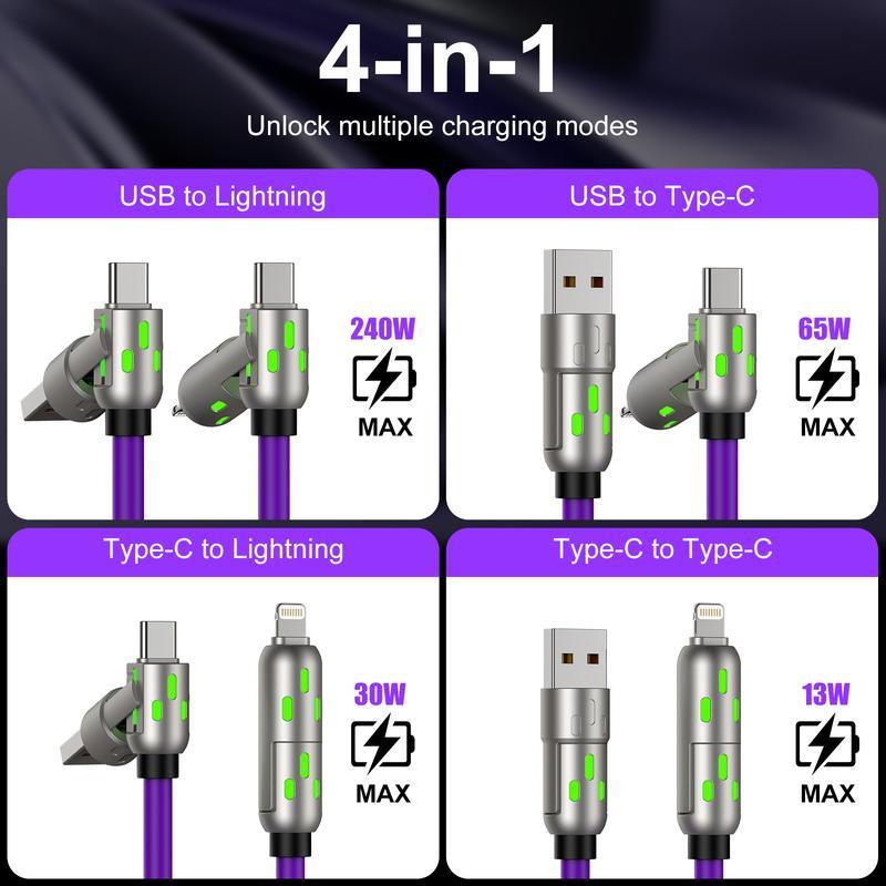 4-in-1 Multi USB Charging Cable with USB A,Type C, Lightning -MAX 240W Fast Charging & Data Sync for iPhone 16 15, iPad Pro, Samsung & Laptops