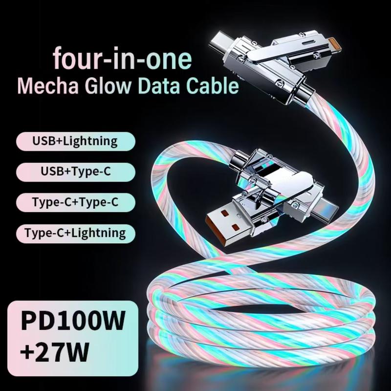 100W 4-in-1 Charging Cable. Streamer Charging Cable. Starlight-Mech Data Cable. USB+Type C+Lightning. Multi-functional Aluminum Alloy, Compatible