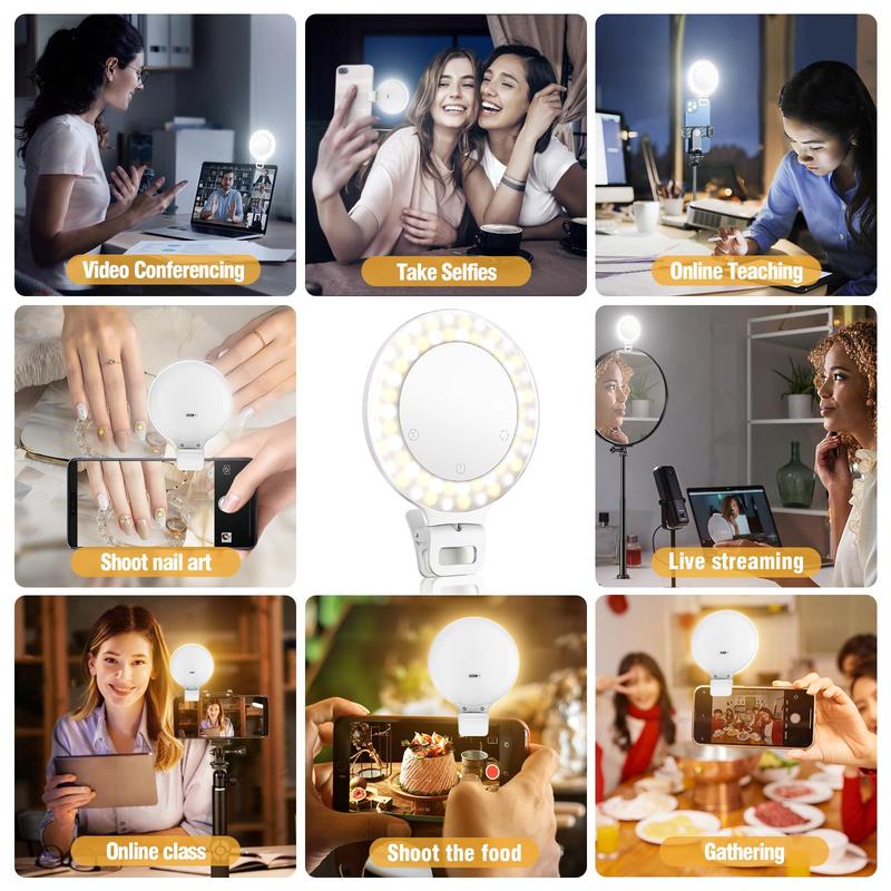 Ring Light, 3 Light Mode Selfie Light, Rechargeable Large Capacity Battery Portable 60 LED Adjustable Brightness Clip on Light for Phone, iPad, Laptop, for Makeup, TikTok, Photography, Vlog, YouTube