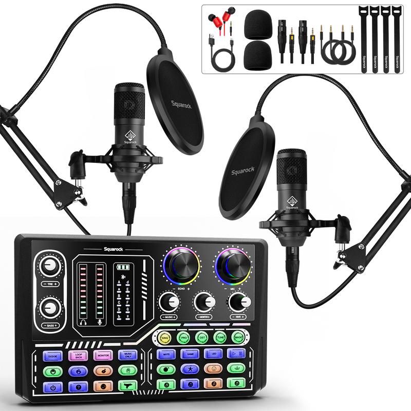 Squarock  Podcast Equipment Bundle for 2 - Audio Interface Dj Equipment with Condenser Microphone for Podcast Recording Gaming YouTube