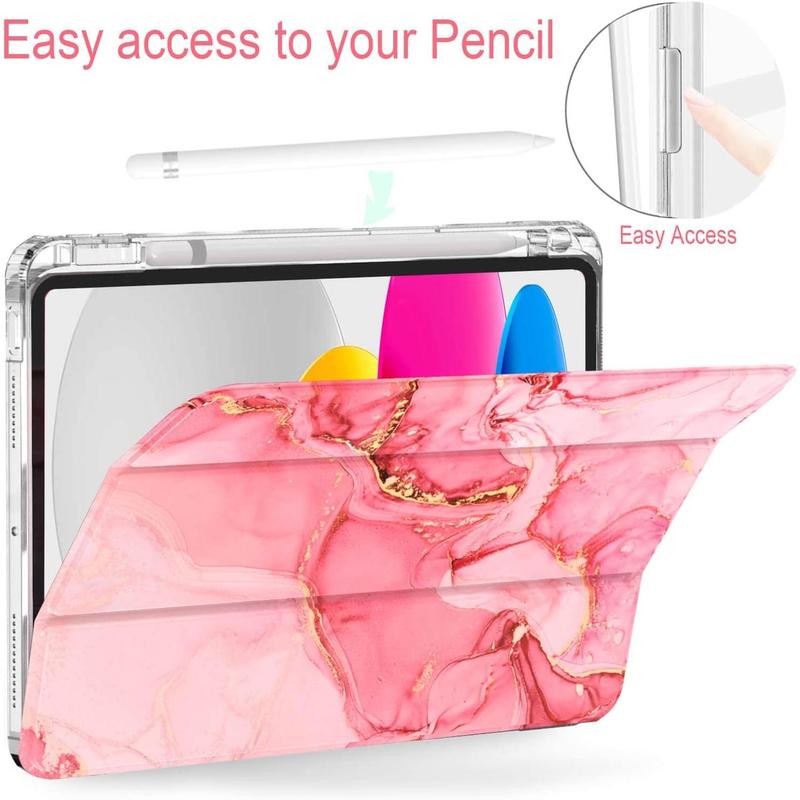 Slim Lightweight Trifold Case for 10.9-inch Pad 10th Generation 2022 - Clear Back Cover with Pencil Holder and Auto Sleep Wake - Pink Marble