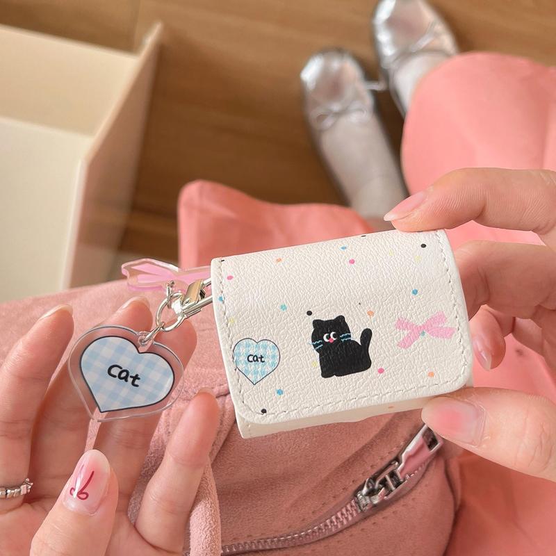 Cute Cat Pattern Earphone Case with Acrylic Tag, PU Leather Flip Earphone Bag, Earphones Protective Case for AirPods Pro2 Pro 3 2