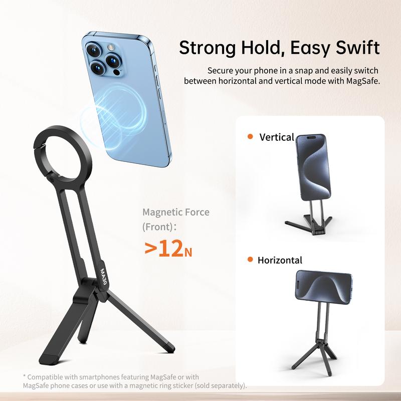 ULANZI MA30 Magnetic Phone Tripod Stand for iPhone - Aluminium Smartphone Mini Tripod Foldable Pocket Cellphone Stand Dual-Sided Magnet Quick Mount Compatible with iPhone 16 15 14 13 12 Magsafe