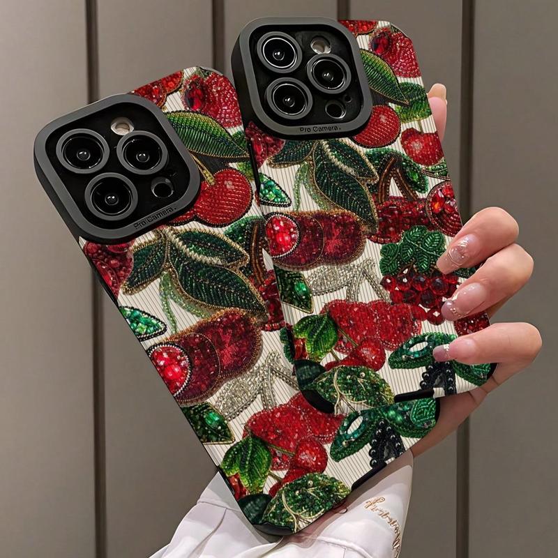 Cherry Beads Pattern Phone Case, 3D Shockproof Phone Protective Cover, Phone Accessories Compatible with iPhone 11 12 13 14 15 16 Pro Max Pro Plus