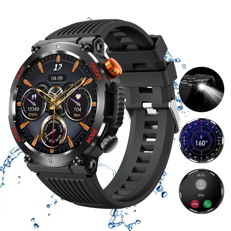 Men's Military Smartwatch with LED Light, Summer Tactical Smart Watches Fitness Tracker Wristwatch, Sport Smartwatch, Wearable Devices for iPhone Android, Smart Watch for Men