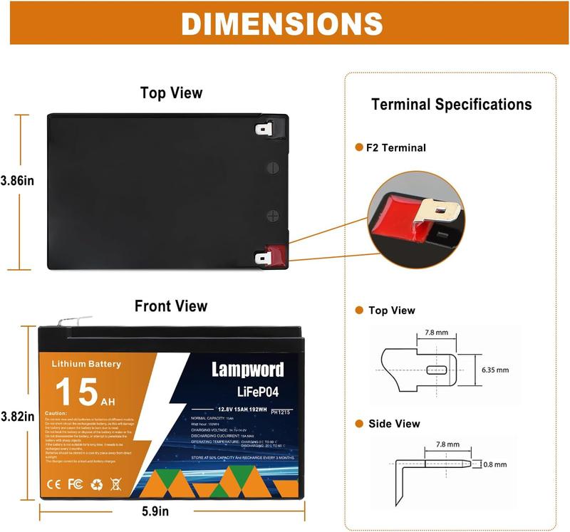 Camping Lithium Battery 12V 15Ah LiFePO4 Battery 4000+ Deep Cycle Rechargeable Batteries With Charger 10-Year Lifetime, Low Self-Discharge, for Fish Finder, Fans, Toys, LED Light, Security Camera