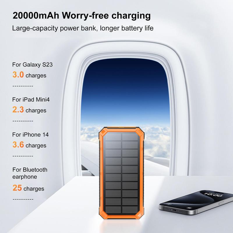 20000mAh Wireless Solar Powered Phone Charger, Waterproof Power Bank with Dual USB Port, Power Bank with LED Flashlight for iPhone Smartphones Tablet