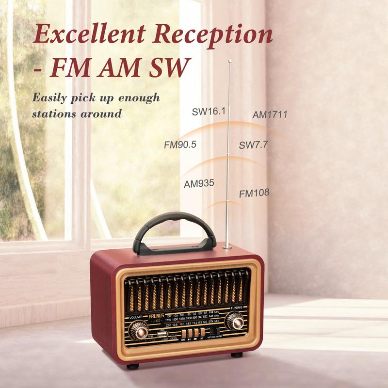 PRUNUS J-170 Retro Bluetooth Radio with Rich Bass Speakers,Portable Wireless Speakers AM FM Radio with USB, TWS Pairing, BT5.0, TF Card & MP3 Player for Home Party Outdoor Gift