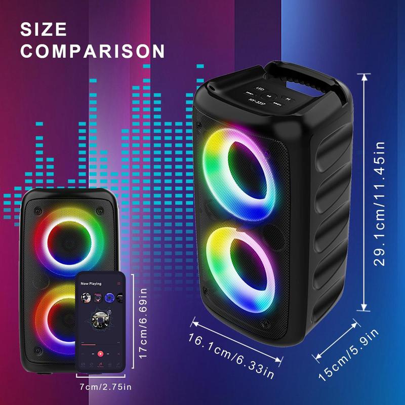 Portable Wireless Speaker with Microphone, Rechargeable Stereo Sound Sub Woofer Speaker with RGB Colorful LED Lights, Karaoke Machine Sound System