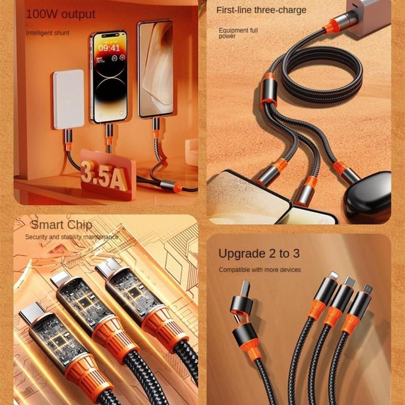 4-In-1 Data Cable, 100W Charging Cable with Data Transmission Function, Multifunctional Data Cable for Samsung Xiaomi Huawei iPhone