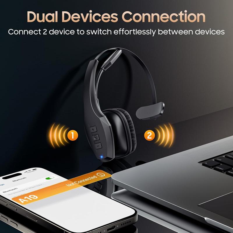 Trucker Bluetooth Headset, Wireless  with Mic,Bluetooth Headset with Dual Noise Cancelling Microphone & Mute Button, 55Hrs Working Time PC Headset for Cell Phones, Computer, Truck Driver