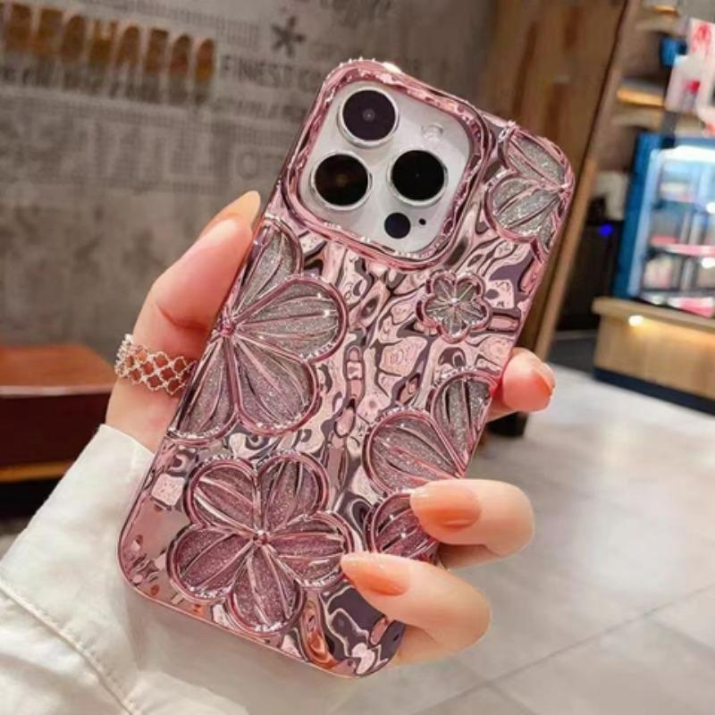 Glitter Decor Flower Design Electroplating Phone Case, Shockproof Phone Protective Cover, Fashion Phone Accessories for iPhone 11 12 13 14 15 Series