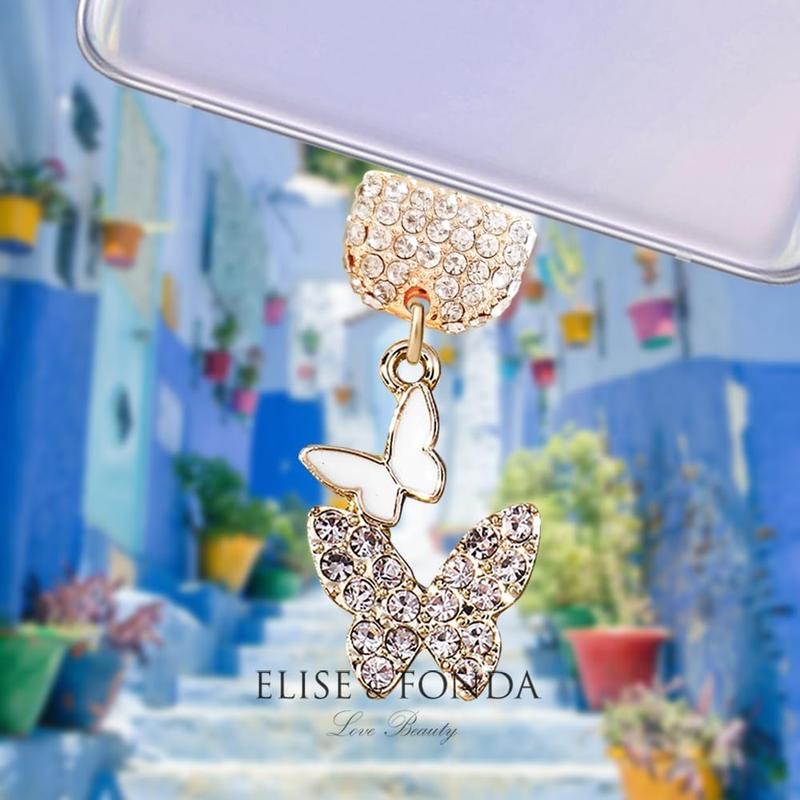 TP274 Type-C USB Charging Port Crystal Anti Dust Plug Little Double Butterflies Cell Phone Charm for Samsung Huawei OnePlus Xiaomi oppo Android Phones (White)