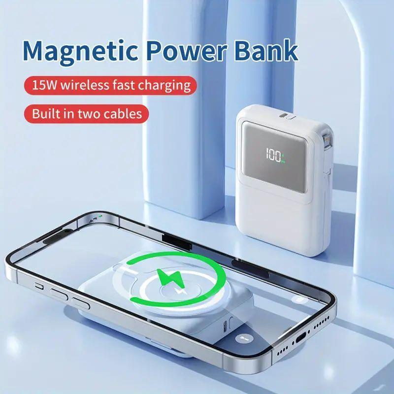 10000mAh Magnetic Fast Charge Mobile Power Supply, 15W Wireless Power Bank with Dual Cable, PD 20W Fast Charge Power Bank for iPhone 15 14 13 12