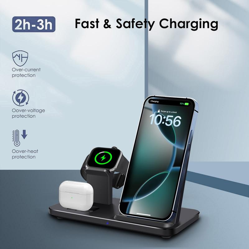 3 in 1 Charging Station for iPhone, Wireless Charger for iPhone 16 15 14 13 12 11 X Pro Max & Apple Watch - Wireless Charging Station for AirPods 4 3 Pro