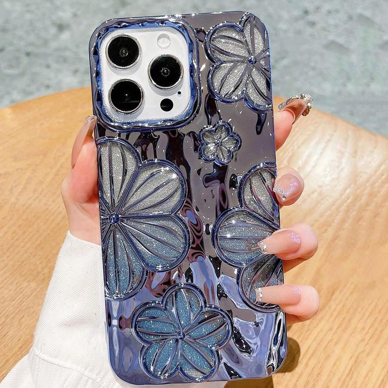 Glitter Decor Flower Design Electroplating Phone Case, Shockproof Phone Protective Cover, Fashion Phone Accessories for iPhone 11 12 13 14 15 Series