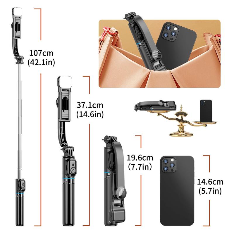 42 Inch Selfie Stick Tripod with Fill Light, 1 Count Extendable Phone Tripod Stand, Multifunctional Selfie Stick with Detachable Remote & Phone Holder