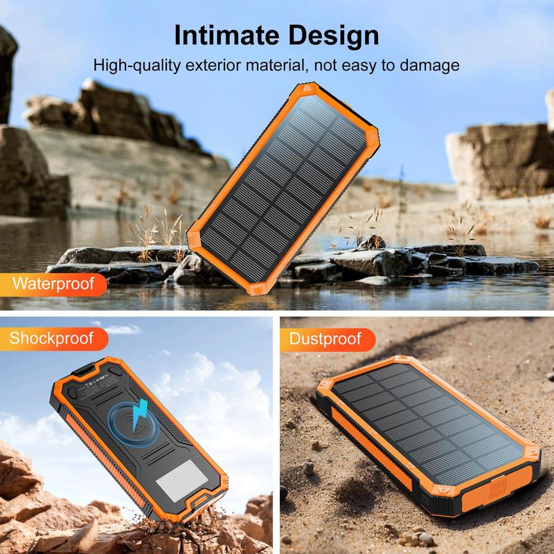 20000mAh Wireless Solar Powered Phone Charger, Waterproof Power Bank with Dual USB Port, Power Bank with LED Flashlight for iPhone Smartphones Tablet